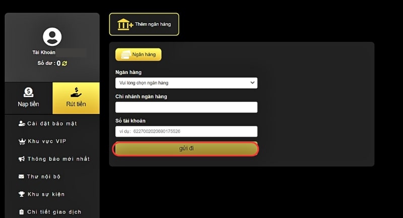 Cập nhật tài khoản ngân hàng trước khi thực hiện rút tiền