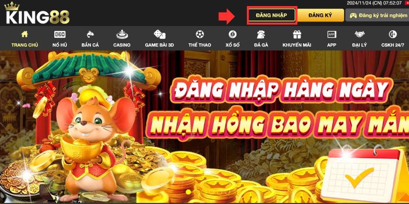 cách đăng nhập King88 Nhấn vào nút đăng nhập tại trang chủ